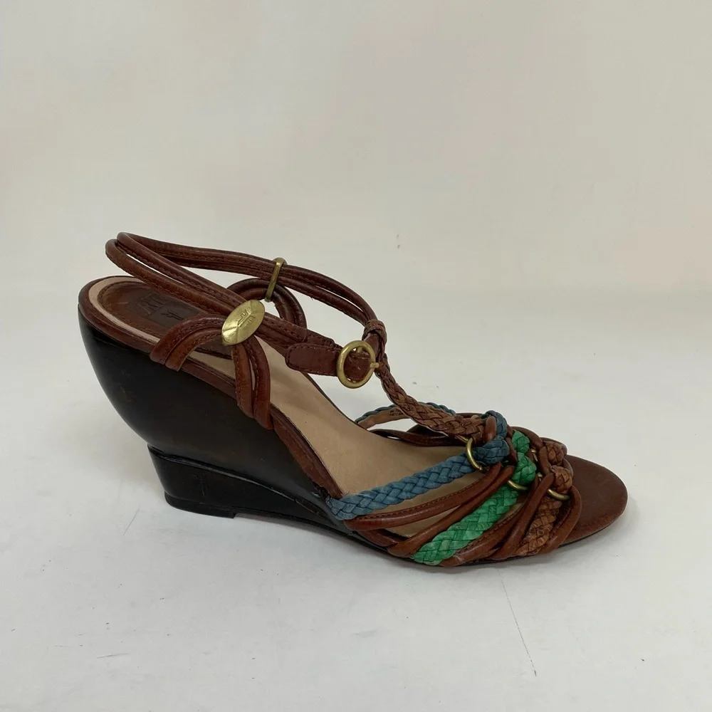 FRYE COLETE Sandals Brown Braided Leather Wedge Heels Open Toe Strappy Buckle 9